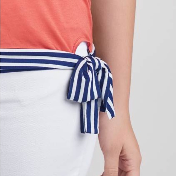 Venus Small Coral with Blue & White Stripe Side Tie Short Sleeve Shirt - Picture 3 of 13